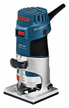 BOSCH GKF 600 Фрезер кромочный в чемодане 600 Вт, 0-33 000 об/мин, цанга 6/8 мм, возможность смены баз чемодан, роликовая направляющая, параллельный упор, цанга (6 и 8 мм), ключ.