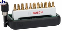 Биты — титановое исполнение, наборы из 12 шт. Bosch PH1, PH2, PH3, PZ1, PZ2, PZ3, T15, T20, T25, S0,6x4,5, S0,8x5,5, универсальный держатель, магнитный [2608255991]