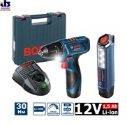 Аккум. дрель-шуруповерт BOSCH GSR 120-LI в чем. + фонарь GLI 12V-300 (12.0 В, 2 акк., 1.5 А/ч Li-Ion, 2 скор., 30 Нм, шурупы до 7 мм) (06019F7005)