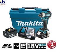 Гайковерт аккумуляторный Makita DTW181RFE (б\щ,18В, Li-ion, 2х3Ач, 0-2400 об\мин, 0-3600у\м, 180Нм, квадрат 1\2&quot;,1.2кг, подсв, М8-М16, кейс) (DTW 181 RFE)