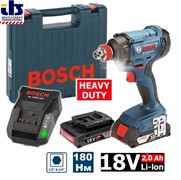 BOSCH GDR 180-Li (2*2.0Ah + AL1820+чем) Гайковерт с патроном шестигранник (биты 1/4&quot;+ квадрат 1/2&quot;) 18V, 180Нм, 0-2800 об/мин