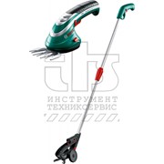 BOSCH ISIO 3 + штанга Ножницы аккумуляторные со штангой для подрезки живой изгороди и стрижки газоно нож 8 см, 3.6 В, 50 мин, время зарядки 3.5 часа, штанга 80-115 см, АБС ножницы, штанга, аккумулятор, зарядное устройство