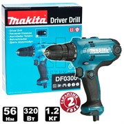 MAKITA DF 0300 X3 Шуруповерт сетевой (320 Вт, момент 56 Нм, кабель 2.5 м, набор бит, сверление в дереве до 25 мм)